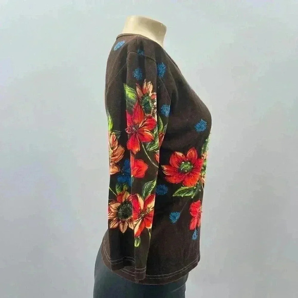 Vintage Y2K Top Size M Take Two Floral Beaded 3/4 Sleeve Short Boho Whimsy - Picture 4 of 9